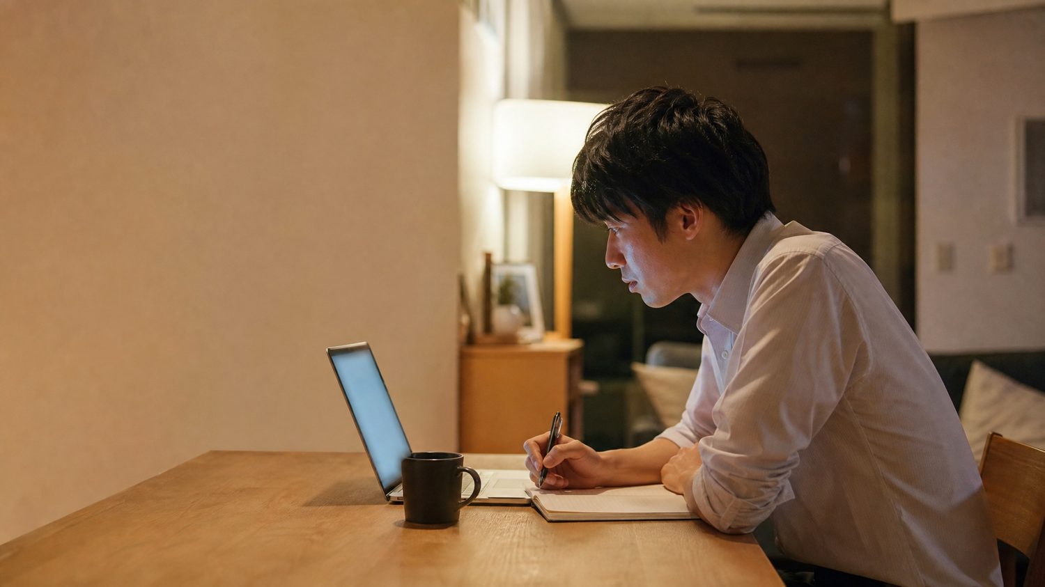 夜、自宅の机で動画講座を見ながらノートを取る男性